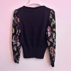 Evan Picone Black Top with Colorful Floral Sleeves